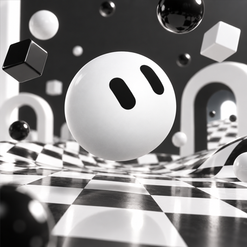GrokBot in a surreal checkerboard world of floating cubes and arches