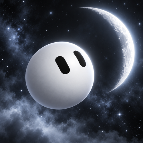 GrokBot floating beside a crescent moon in deep space