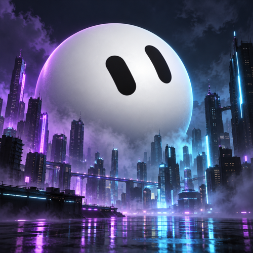 GrokBot rising over a neon city skyline